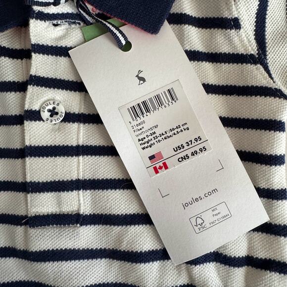 Joules Navy Blue Striped Short Sleeve Polo One Piece Romper 0-3 Months Baby Boy - Picture 4 of 5